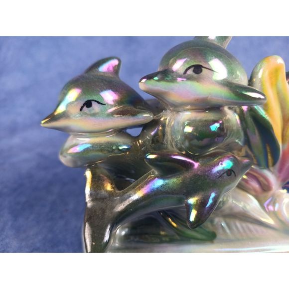 Iridescent Dolphin Family With Rainbow Splashing Waves Ceramic Figurine - Picture 6 of 8
